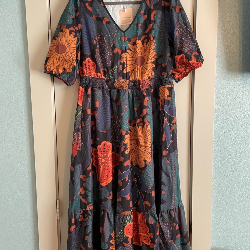 BloomChic Orange and Gray Puff Sleeve Maxi Sundress